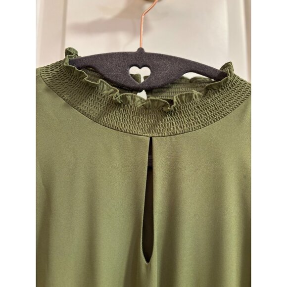 Nanette Lepore Olive Green Puff Sleeve Smocked Waist Ruffle Hem Dress Size 2 - Picture 4 of 6